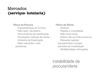 •Risco da Procura

•Características do Turismo

•Não-lazer- facultativo

•Concorrência de substituição

•Condições instáveis de venda

•Indústria de Exportação

•Mais mercados, mais
problemas

•Risco da Oferta

•Instável

•Rigidez e imobilidade

•Não haver stock

•Oferta não se limita à procura

•Elevados capitais
equipamentos e longos
períodos de imobilização

•Multiplicidade motivações
Mercados
(serviços- hotelaria)
2.1
instabilidade da
procura/oferta
 