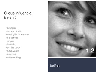 •procura

•concorrência

•evolução da reserva

•objectivos

•revpar

•história

•on the book

•envolvente

•eventos

•overbooking

O que inﬂuencia
tarifas?
1.2
tarifas
 
