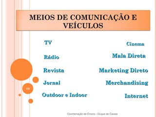 MEIOS DE COMUNICAÇÃO E
        VEÍCULOS

     TV                                                  Cinema

     Rádio                                       Mala Direta

     Revista                           Marketing Direto

     Jornal                                 Merchandising
49

     Outdoor e Indoor                                    Internet


               Coordenação de Ensino - Duque de Caxias
 