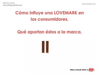 Cómo influye una LOVEMARK en
los consumidores.
Qué aportan éstos a la marca.
#quondosrecord
@EliaGuardiola
www.eliaguardio...