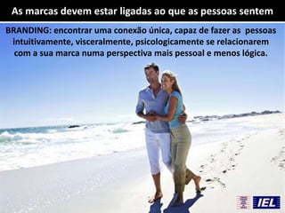 As marcas devem estar ligadas ao que as pessoas sentem
BRANDING: encontrar uma conexão única, capaz de fazer as pessoas
intuitivamente, visceralmente, psicologicamente se relacionarem
com a sua marca numa perspectiva mais pessoal e menos lógica.
 