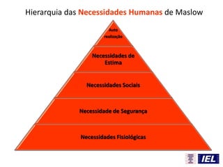 Hierarquia das Necessidades Humanas de Maslow
Auto
realização
Necessidades de
Estima
Necessidades Sociais
Necessidade de Segurança
Necessidades Fisiológicas
 