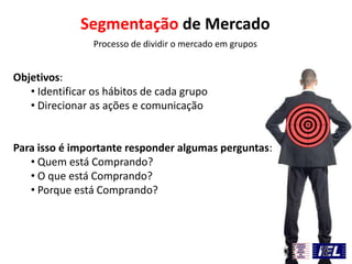 Segmentação de Mercado
Objetivos:
• Identificar os hábitos de cada grupo
• Direcionar as ações e comunicação
Para isso é importante responder algumas perguntas:
• Quem está Comprando?
• O que está Comprando?
• Porque está Comprando?
Processo de dividir o mercado em grupos
 