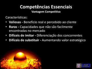 Competências Essenciais
Vantagem Competitiva
Características:
• Valiosas - Benefício real e percebido ao cliente
• Raras - Capacidades que não são facilmente
encontradas no mercado
• Difíceis de imitar - Diferenciação dos concorrentes
• Difíceis de substituir - Aumentando valor estratégico
 