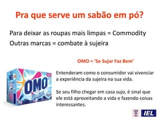Pra que serve um sabão em pó?
Para deixar as roupas mais limpas = Commodity
Outras marcas = combate à sujeira
OMO = ‘Se Sujar Faz Bem’
Entenderam como o consumidor vai vivenciar
a experiência da sujeira na sua vida.
Se seu filho chegar em casa sujo, é sinal que
ele está aproveitando a vida e fazendo coisas
interessantes.
 