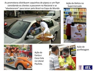 As promotoras distribuem saquinhos de pipoca e um flyer
convidando os clientes a passarem no Nacional e se
“abastecerem” para torcer pelo Brasil na Copa do Mundo
Ação da Delícia no
Supermercado
Ação da
Fanta e
Coca Cola
no Litoral
Paulista.
Ação de
panfletagem
 