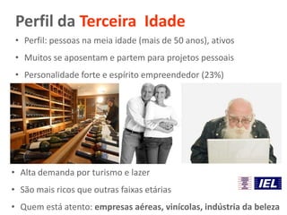 Perfil da Terceira Idade
• Perfil: pessoas na meia idade (mais de 50 anos), ativos
• Muitos se aposentam e partem para projetos pessoais
• Personalidade forte e espírito empreendedor (23%)
• Alta demanda por turismo e lazer
• São mais ricos que outras faixas etárias
• Quem está atento: empresas aéreas, vinícolas, indústria da beleza
 