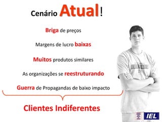 Briga de preços
Margens de lucro baixas
Muitos produtos similares
As organizações se reestruturando
Guerra de Propagandas de baixo impacto
Cenário Atual!
Clientes Indiferentes
 