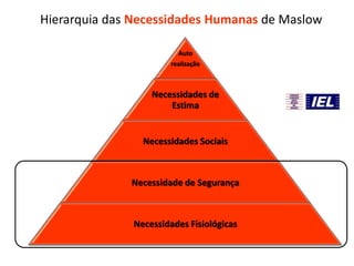 Hierarquia das Necessidades Humanas de Maslow
Auto
realização
Necessidades de
Estima
Necessidades Sociais
Necessidade de Segurança
Necessidades Fisiológicas
 