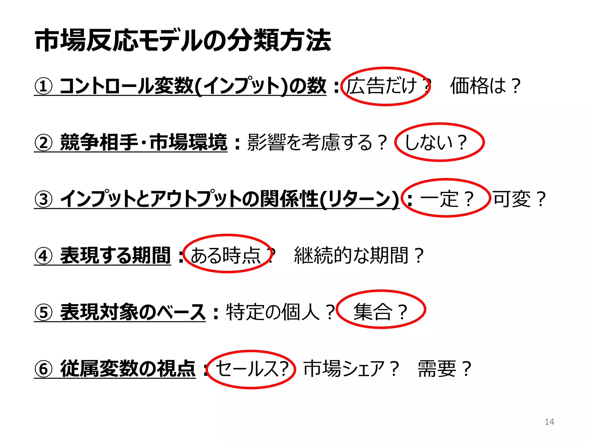 市場反応モデルの分類方法
① コントロール変数(インプット)の数：広告だけ？ 価格は？
② 競争相手・市場環境：影響を考慮する？ しない？
③ インプットとアウトプットの関係性(リターン)：一定？ 可変？
④ 表現する期間：ある時点？ 継続的な期間？
⑤ 表現対象のベース：特定の個人？ 集合？
⑥ 従属変数の視点：セールス? 市場シェア？ 需要？
14
 