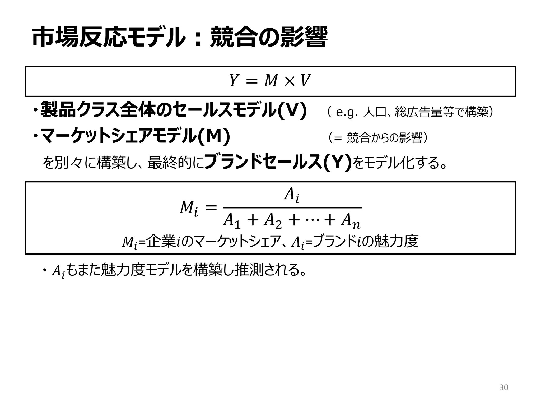 市場反応モデル：競合の影響
・製品クラス全体のセールスモデル(V) （ e.g. 人口、総広告量等で構築）
・マーケットシェアモデル(M) （= 競合からの影響）
を別々に構築し、最終的にブランドセールス(Y)をモデル化する。
・ 𝐴𝑖もまた魅力度モデルを構築し推測される。
30
𝑌 = 𝑀 × 𝑉
𝑀𝑖 =
𝐴𝑖
𝐴1 + 𝐴2 + ⋯ + 𝐴 𝑛
𝑀𝑖=企業𝑖のマーケットシェア、𝐴𝑖=ブランド𝑖の魅力度
 