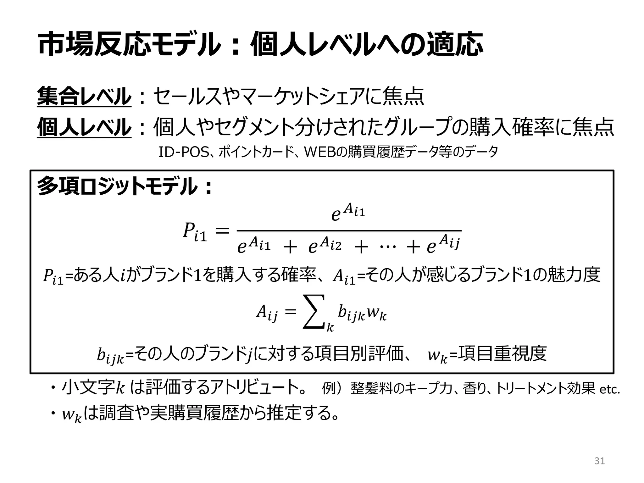 集合レベル：セールスやマーケットシェアに焦点
個人レベル：個人やセグメント分けされたグループの購入確率に焦点
ID-POS、ポイントカード、WEBの購買履歴データ等のデータ
・ 小文字𝑘 は評価するアトリビュート。 例）整髪料のキープ力、香り、トリートメント効果 etc.
・ 𝑤 𝑘は調査や実購買履歴から推定する。
市場反応モデル：個人レベルへの適応
31
多項ロジットモデル：
𝑃𝑖𝑖 =
𝑒 𝐴 𝑖1
𝑒 𝐴 𝑖𝑖 + 𝑒 𝐴 𝑖2 + ⋯ + 𝑒 𝐴 𝑖𝑗
𝑃𝑖1=ある人𝑖がブランド1を購入する確率、 𝐴𝑖𝑖=その人が感じるブランド1の魅力度
𝐴𝑖𝑗 = � 𝑏𝑖𝑖𝑖 𝑤 𝑘
𝑘
𝑏𝑖𝑖𝑖=その人のブランド𝑗に対する項目別評価、 𝑤 𝑘=項目重視度
 