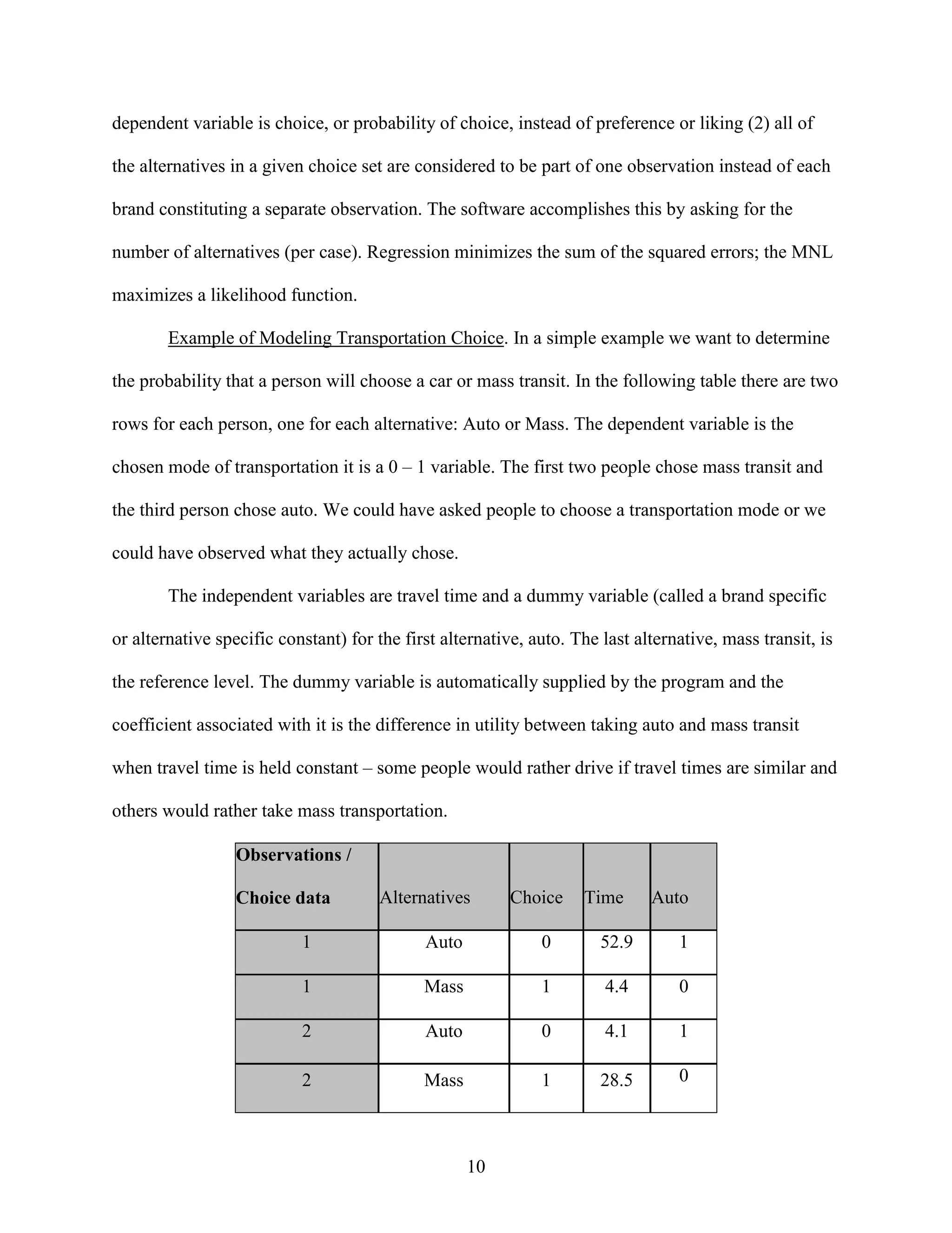 dependent variable is choice, or probability of choice, instead of preference or liking (2) all of
the alternatives in a given choice set are considered to be part of one observation instead of each
brand constituting a separate observation. The software accomplishes this by asking for the
number of alternatives (per case). Regression minimizes the sum of the squared errors; the MNL
maximizes a likelihood function.
Example of Modeling Transportation Choice. In a simple example we want to determine
the probability that a person will choose a car or mass transit. In the following table there are two
rows for each person, one for each alternative: Auto or Mass. The dependent variable is the
chosen mode of transportation it is a 0 – 1 variable. The first two people chose mass transit and
the third person chose auto. We could have asked people to choose a transportation mode or we
could have observed what they actually chose.
The independent variables are travel time and a dummy variable (called a brand specific
or alternative specific constant) for the first alternative, auto. The last alternative, mass transit, is
the reference level. The dummy variable is automatically supplied by the program and the
coefficient associated with it is the difference in utility between taking auto and mass transit
when travel time is held constant – some people would rather drive if travel times are similar and
others would rather take mass transportation.
Observations /
Choice data

Alternatives

Choice

Time

Auto

1

Auto

0

52.9

1

1

Mass

1

4.4

0

2

Auto

0

4.1

1

2

Mass

1

28.5

0

10

 