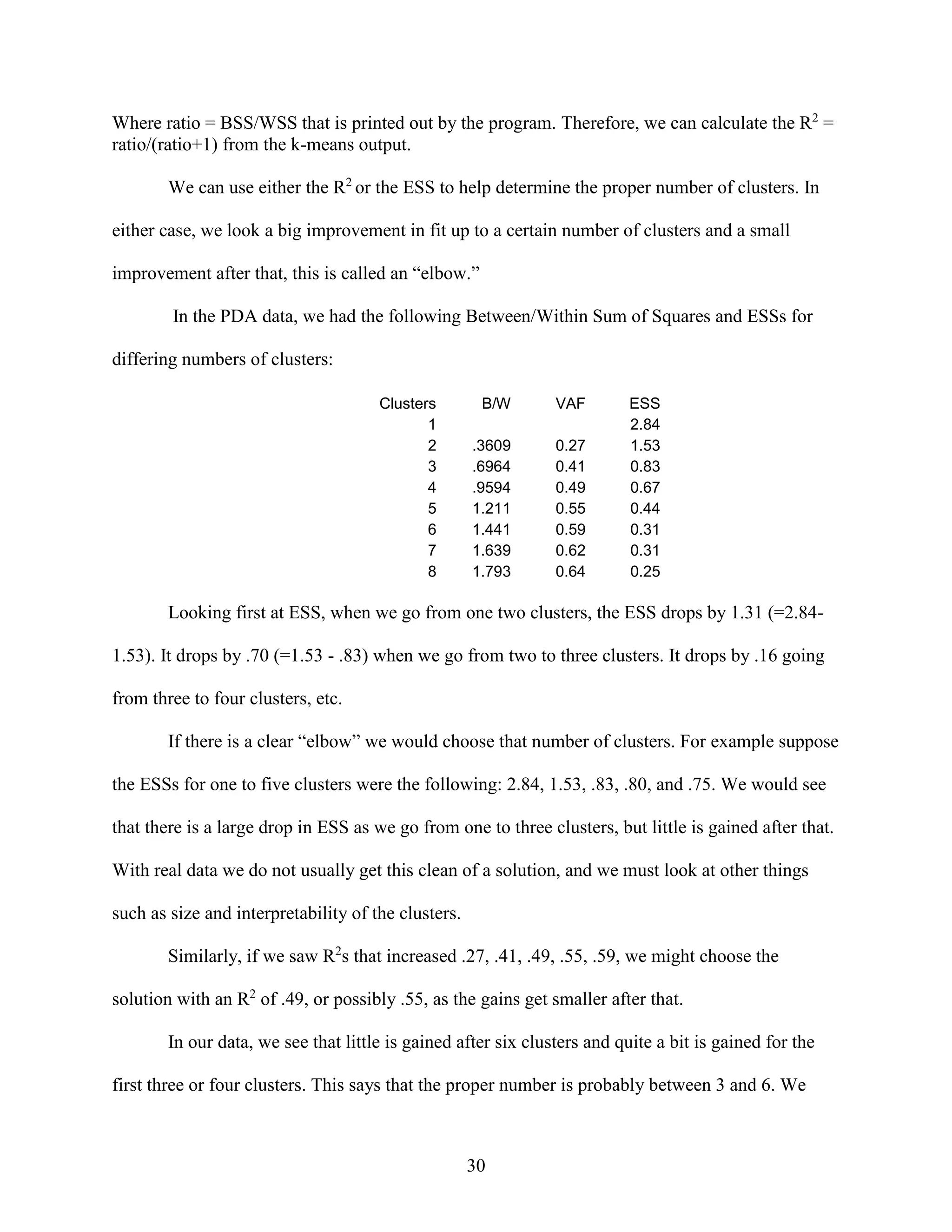 Where ratio = BSS/WSS that is printed out by the program. Therefore, we can calculate the R2 =
ratio/(ratio+1) from the k-means output.
We can use either the R2 or the ESS to help determine the proper number of clusters. In
either case, we look a big improvement in fit up to a certain number of clusters and a small
improvement after that, this is called an “elbow.”
In the PDA data, we had the following Between/Within Sum of Squares and ESSs for
differing numbers of clusters:
Clusters
1
2
3
4
5
6
7
8

B/W

VAF

.3609
.6964
.9594
1.211
1.441
1.639
1.793

0.27
0.41
0.49
0.55
0.59
0.62
0.64

ESS
2.84
1.53
0.83
0.67
0.44
0.31
0.31
0.25

Looking first at ESS, when we go from one two clusters, the ESS drops by 1.31 (=2.841.53). It drops by .70 (=1.53 - .83) when we go from two to three clusters. It drops by .16 going
from three to four clusters, etc.
If there is a clear “elbow” we would choose that number of clusters. For example suppose
the ESSs for one to five clusters were the following: 2.84, 1.53, .83, .80, and .75. We would see
that there is a large drop in ESS as we go from one to three clusters, but little is gained after that.
With real data we do not usually get this clean of a solution, and we must look at other things
such as size and interpretability of the clusters.
Similarly, if we saw R2s that increased .27, .41, .49, .55, .59, we might choose the
solution with an R2 of .49, or possibly .55, as the gains get smaller after that.
In our data, we see that little is gained after six clusters and quite a bit is gained for the
first three or four clusters. This says that the proper number is probably between 3 and 6. We

30

 