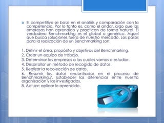    El competitivo se basa en el análisis y comparación con la
    competencia. Por lo tanto es, como el andar, algo que las
    empresas han aprendido y practican de forma natural. El
    verdadero Benchmarking es el global o genérico. Aquel
    que busca soluciones fuera de nuestro mercado. Los pasos
    para la realización de un Benchmarking son:

1. Definir el área, propósito y objetivos del Benchmarking.
2. Crear un equipo de trabajo.
3. Determinar las empresas a las cuales vamos a estudiar.
4. Desarrollar un método de recogida de datos.
5. Realizar la recolección de datos.
6. Resumir los datos encontrados en el proceso de
Benchmarking.7. Establecer las diferencias entre nuestra
organización y las investigadas.
8. Actuar: aplicar lo aprendido.
 