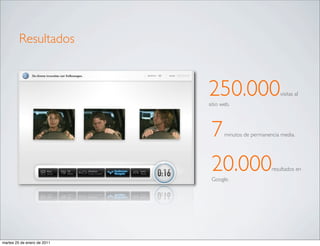 Resultados



                             250.000
                             sitio web.
                                                          visitas al




                              7     minutos de permanencia media.




                              20.000
                              Google.
                                                       resultados en




martes 25 de enero de 2011
 