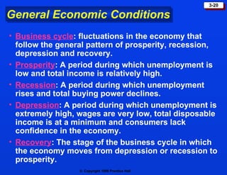 General Economic Conditions Business cycle : fluctuations in the economy that follow the general pattern of prosperity, recession, depression and recovery. Prosperity : A period during which unemployment is low and total income is relatively high. Recession : A period during which unemployment rises and total buying power declines. Depression : A period during which unemployment is extremely high, wages are very low, total disposable income is at a minimum and consumers lack confidence in the economy. Recovery : The stage of the business cycle in which the economy moves from depression or recession to prosperity. 