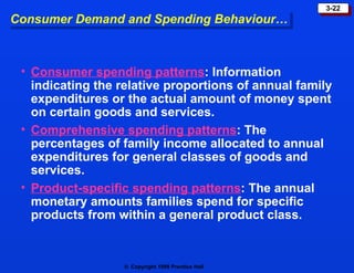 Consumer Demand and Spending Behaviour… Consumer spending patterns : Information indicating the relative proportions of annual family expenditures or the actual amount of money spent on certain goods and services. Comprehensive spending patterns : The percentages of family income allocated to annual expenditures for general classes of goods and services. Product-specific spending patterns : The annual monetary amounts families spend for specific products from within a general product class. 