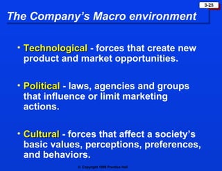 The Company’s Macro environment Technological  - forces that create new product and market opportunities. Political  - laws, agencies and groups that influence or limit marketing actions. Cultural  - forces that affect a society’s basic values, perceptions, preferences, and behaviors. 
