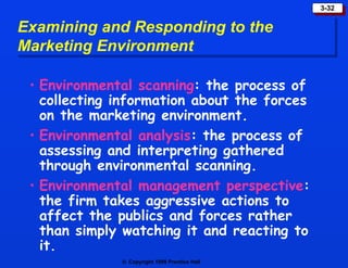 Examining and Responding to the Marketing Environment Environmental scanning : the process of collecting information about the forces on the marketing environment. Environmental analysis : the process of assessing and interpreting gathered through environmental scanning. Environmental management perspective : the firm takes aggressive actions to affect the publics and forces rather than simply watching it and reacting to it. 