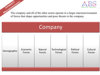 The company and all of the other actors operate in a larger macroenvironment
     of forces that shape opportunities and pose threats to the company



                              Company


              Economic       Natural     Technological    Political     Cultural
Demographic
               Forces        Forces         Forces         Forces        Forces
 