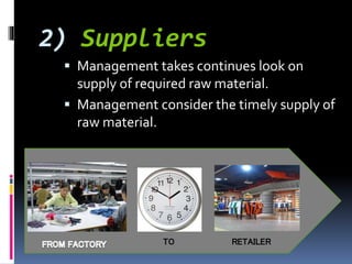 2) Suppliers
 Management takes continues look on
supply of required raw material.
 Management consider the timely supply of
raw material.
TO RETAILER
 