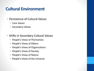Cultural Environment
• Persistence of Cultural Values
• Core Values
• Secondary Values
• Shifts in Secondary Cultural Values
• People’s Views of Themselves
• People’s Views of Others
• People’s Views of Organisations
• People’s Views of Society
• People’s Views of Nature
• People’s Views of the Universe
 