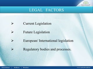 LEGAL FACTORS
 Current Legislation
 Future Legislation
 European/ International legislation
 Regulatory bodies and processes.
 