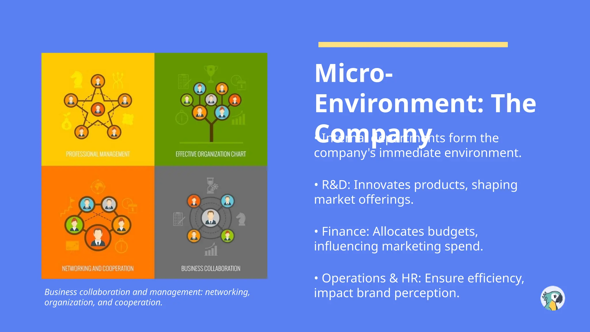 Business collaboration and management: networking,
organization, and cooperation.
Micro-
Environment: The
Company
• Internal departments form the
company's immediate environment.
• R&D: Innovates products, shaping
market offerings.
• Finance: Allocates budgets,
influencing marketing spend.
• Operations & HR: Ensure efficiency,
impact brand perception.
 