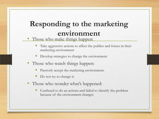 Responding to the marketing
environment

• Those who make things happen:

 Take aggressive actions to affect the publics and forces in their
marketing environment

 Develop strategies to change the environment

• Those who watch things happen:
 Passively accept the marketing environment.
 Do not try to change it.

• Those who wonder what’s happened:
 Confused to do an actions and failed to identify the problem
because of the environment changes

 