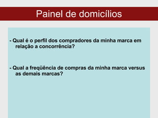Painel de domicílios - Qual é o perfil dos compradores da minha marca em relação a concorrência? - Qual a freqüência de compras da minha marca versus as demais marcas? 