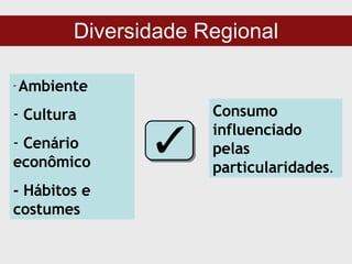 Diversidade Regional Ambiente Cultura Cenário econômico - Hábitos e costumes Consumo influenciado pelas particularidades . 