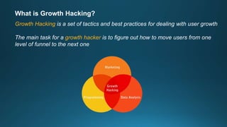 What is Growth Hacking?
Growth Hacking is a set of tactics and best practices for dealing with user growth
The main task for a growth hacker is to figure out how to move users from one
level of funnel to the next one
 