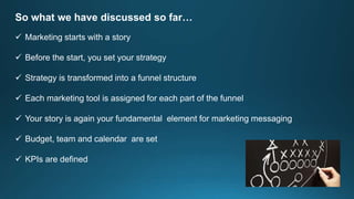 So what we have discussed so far…
 Marketing starts with a story
 Before the start, you set your strategy
 Strategy is transformed into a funnel structure
 Each marketing tool is assigned for each part of the funnel
 Your story is again your fundamental element for marketing messaging
 Budget, team and calendar are set
 KPIs are defined
 