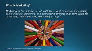 Marketing
* American Marketing Association – Definition of Marketing
What is Marketing?
 