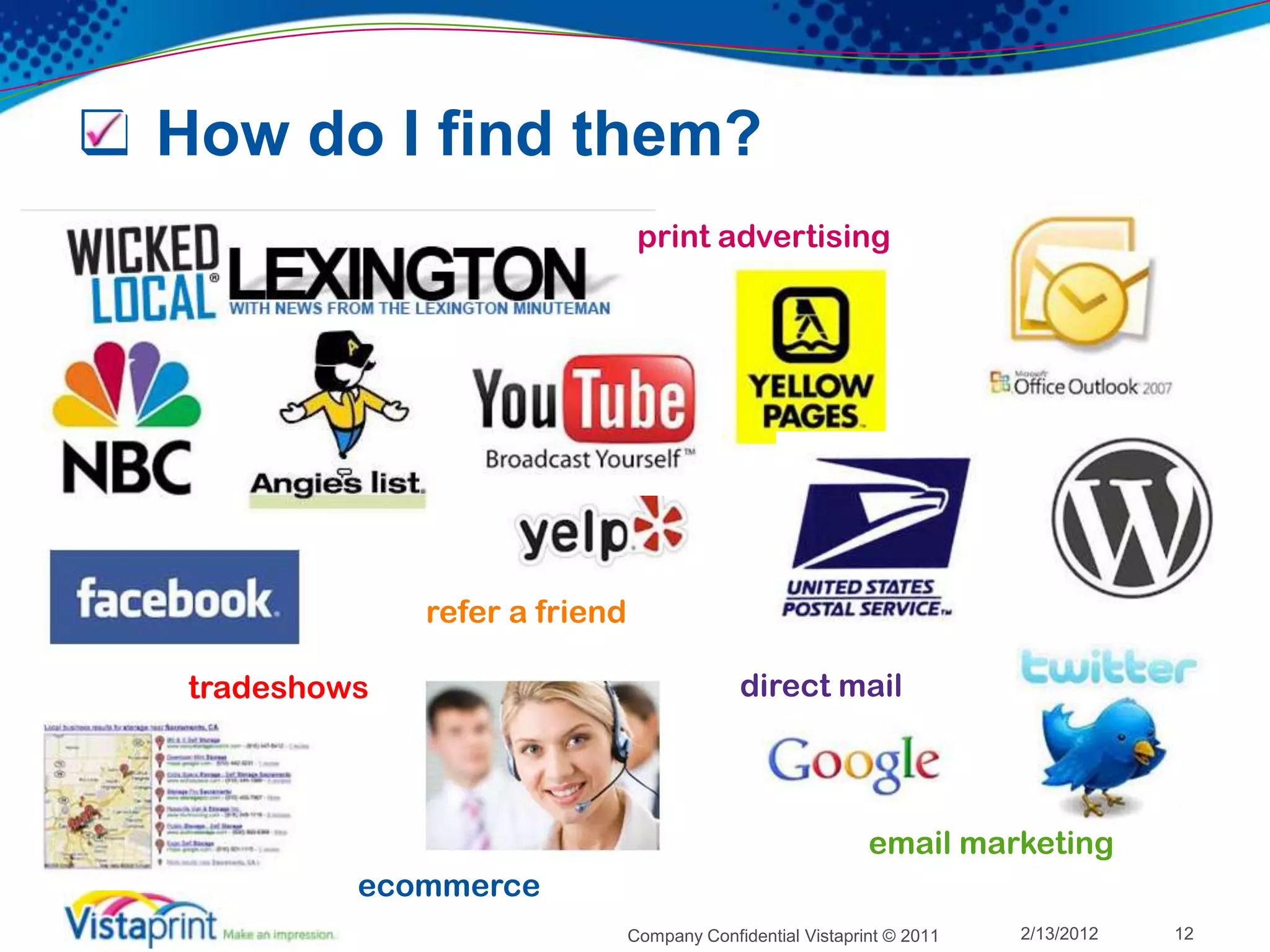  How do I find them?
                                  print advertising




                refer a friend

   tradeshows                                 direct mail



                                                              email marketing
            ecommerce
                                 Company Confidential Vistaprint © 2011   2/13/2012   12
 