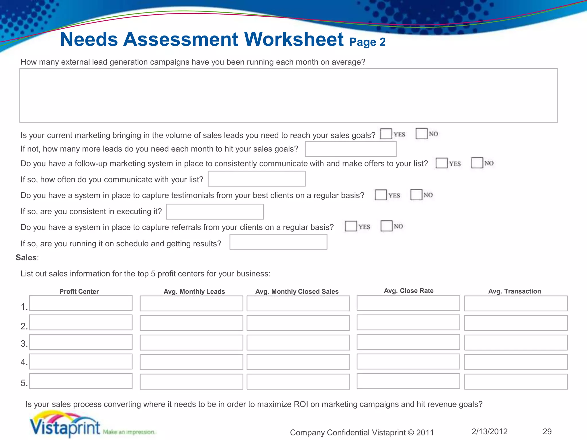 Needs Assessment Worksheet Page 2
 How many external lead generation campaigns have you been running each month on average?




 Is your current marketing bringing in the volume of sales leads you need to reach your sales goals?
 If not, how many more leads do you need each month to hit your sales goals?
 Do you have a follow-up marketing system in place to consistently communicate with and make offers to your list?
 If so, how often do you communicate with your list?
 Do you have a system in place to capture testimonials from your best clients on a regular basis?
 If so, are you consistent in executing it?
 Do you have a system in place to capture referrals from your clients on a regular basis?

 If so, are you running it on schedule and getting results?
Sales:
 List out sales information for the top 5 profit centers for your business:

            Profit Center                     Avg. Monthly Leads      Avg. Monthly Closed Sales         Avg. Close Rate          Avg. Transaction

 1.

 2.
 3.

 4.

 5.

  Is your sales process converting where it needs to be in order to maximize ROI on marketing campaigns and hit revenue goals?


                                                                                Company Confidential Vistaprint © 2011     2/13/2012                29
 