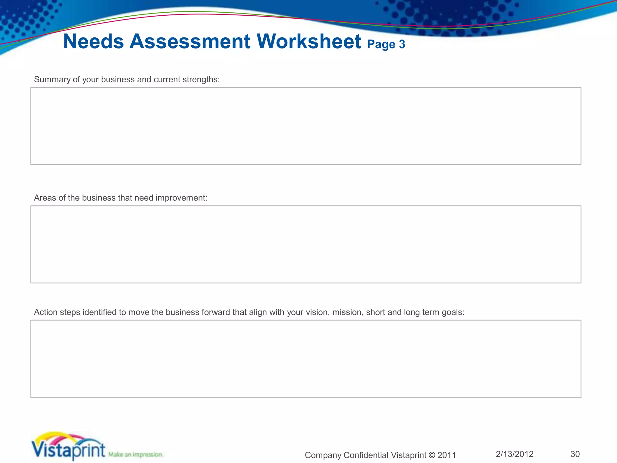 Needs Assessment Worksheet Page 3
Summary of your business and current strengths:




Areas of the business that need improvement:




Action steps identified to move the business forward that align with your vision, mission, short and long term goals:




                                                                         Company Confidential Vistaprint © 2011         2/13/2012   30
 