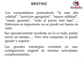 BRIEFING

Los consumidores pretenderán “la más alta
calidad”, “servicios agregados”, “mayor utilidad”,
“mejor garantía”, “todo al precio más bajo”….
Enfocarse es importante no se puede ser bueno en
todo.
Ser operativamente excelente no lo es todo, podrá
servir un tiempo…. Pero otra compañía lo puede
igualar y superar.
Las grandes estrategias consisten en una
configuración original de muchas actividades
complementarias.
                                                     22
 