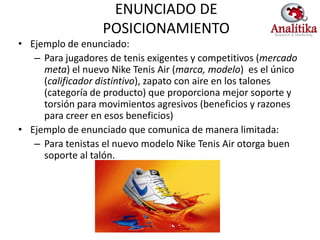 ENUNCIADO DE
                  POSICIONAMIENTO
• Ejemplo de enunciado:
   – Para jugadores de tenis exigentes y competitivos (mercado
     meta) el nuevo Nike Tenis Air (marca, modelo) es el único
     (calificador distintivo), zapato con aire en los talones
     (categoría de producto) que proporciona mejor soporte y
     torsión para movimientos agresivos (beneficios y razones
     para creer en esos beneficios)
• Ejemplo de enunciado que comunica de manera limitada:
   – Para tenistas el nuevo modelo Nike Tenis Air otorga buen
     soporte al talón.
 