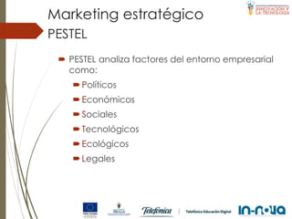  PESTEL analiza factores del entorno empresarial
como:
Políticos
Económicos
Sociales
Tecnológicos
Ecológicos
Legales
PESTEL
Marketing estratégico
 