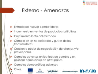 Externo - Amenazas
 Entrada de nuevos competidores
 Incremento en ventas de productos sustitutivos
 Crecimiento lento del mercado
 Cambio en las necesidades y gustos de los
consumidores
 Creciente poder de negociación de clientes y/o
proveedores
 Cambios adversos en los tipos de cambio y en
políticas comerciales de otros países
 Cambios demográficos adversos
 Otros.
 