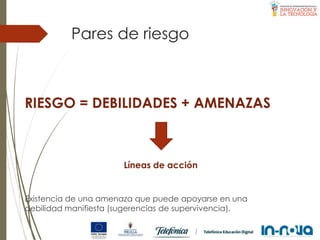 Pares de riesgo
RIESGO = DEBILIDADES + AMENAZAS
Líneas de acción
Existencia de una amenaza que puede apoyarse en una
debilidad manifiesta (sugerencias de supervivencia).
 
