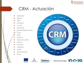 CRM - Actuación
 Calendario
 Agenda
 Visitas
 Contactos
 Cuentas
 Interesados
 Oportunidades de venta
 Casos
 Fallos
 Garantía
 Tablero de control
 Noticias
 Proyectos
 Campaña
 eMails
 Documentación
 Portal
 