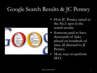 Google Search Results & JC PenneyHow JC Penney raised to the No.1 spot in the search results.Someone paid to have thousands of links placed on hundreds of sites, all directed to JC Penney.More ways to perform SEO.Marketing Principles5