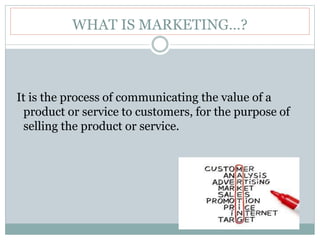 WHAT IS MARKETING…?
It is the process of communicating the value of a
product or service to customers, for the purpose of
selling the product or service.
 