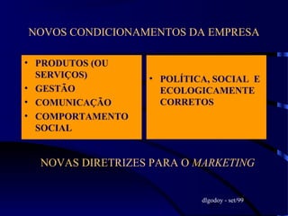 13
NOVOS CONDICIONAMENTOS DA EMPRESA
• PRODUTOS (OU
SERVIÇOS)
• GESTÃO
• COMUNICAÇÃO
• COMPORTAMENTO
SOCIAL
• POLÍTICA, SOCIAL E
ECOLOGICAMENTE
CORRETOS
dlgodoy - set/99
NOVAS DIRETRIZES PARA O MARKETING
 