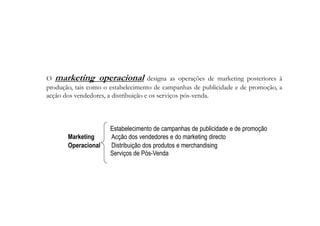 O marketing operacional designa as operações de marketing posteriores à
produção, tais como o estabelecimento de campanhas de publicidade e de promoção, a
acção dos vendedores, a distribuição e os serviços pós-venda.

Marketing
Operacional

Estabelecimento de campanhas de publicidade e de promoção
Acção dos vendedores e do marketing directo
Distribuição dos produtos e merchandising
Serviços de Pós-Venda

 