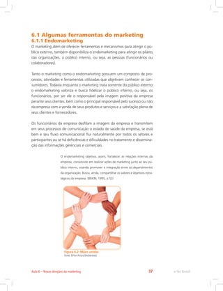 6.1 Algumas ferramentas do marketing
6.1.1 Endomarketing
O marketing além de oferecer ferramentas e mecanismos para atingir o pú-
blico externo, também disponibiliza o endomarketing para atingir os pilares
das organizações, o público interno, ou seja, as pessoas (funcionários ou
colaboradores).
Tanto o marketing como o endomarketing possuem um composto de pro-
cessos, atividades e ferramentas utilizadas que objetivam conhecer os con-
sumidores. Todavia enquanto o marketing trata somente do público externo
o endomarketing valoriza e busca fidelizar o público interno, ou seja, os
funcionários, por ser ele o responsável pela imagem positiva da empresa
perante seus clientes, bem como o principal responsável pelo sucesso ou não
da empresa com a venda de seus produtos e serviços e a satisfação plena de
seus clientes e fornecedores.
Os funcionários da empresa desfilam a imagem da empresa e transmitem
em seus processos de comunicação o estado de saúde da empresa, se está
bem e seu fluxo comunicacional flui naturalmente por todos os setores e
participantes ou se há deficiências e dificuldades no tratamento e dissemina-
ção das informações gerenciais e comerciais.
O endomarketing objetiva, assim, fortalecer as relações internas da
empresa, consistindo em realizar ações de marketing junto ao seu pú-
blico interno, visando promover a integração entre os departamentos
da organização. Busca, ainda, compartilhar os valores e objetivos estra-
tégicos da empresa. (BEKIN, 1995, p.52)
Figura 6.2: Mãos unidas
Fonte: ©Yuri Arcurs/Shutterstock
e-Tec Brasil
Aula 6 – Novas direções do marketing 37
 
