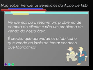 Não Saber Vender os Benefícios da Ação de T&D

Vendemos para resolver um problema de
compra do cliente e não um problema de
venda da nossa área.
É preciso que aprendamos a fabricar o
que vende ao invés de tentar vender o
que fabricamos.

 
